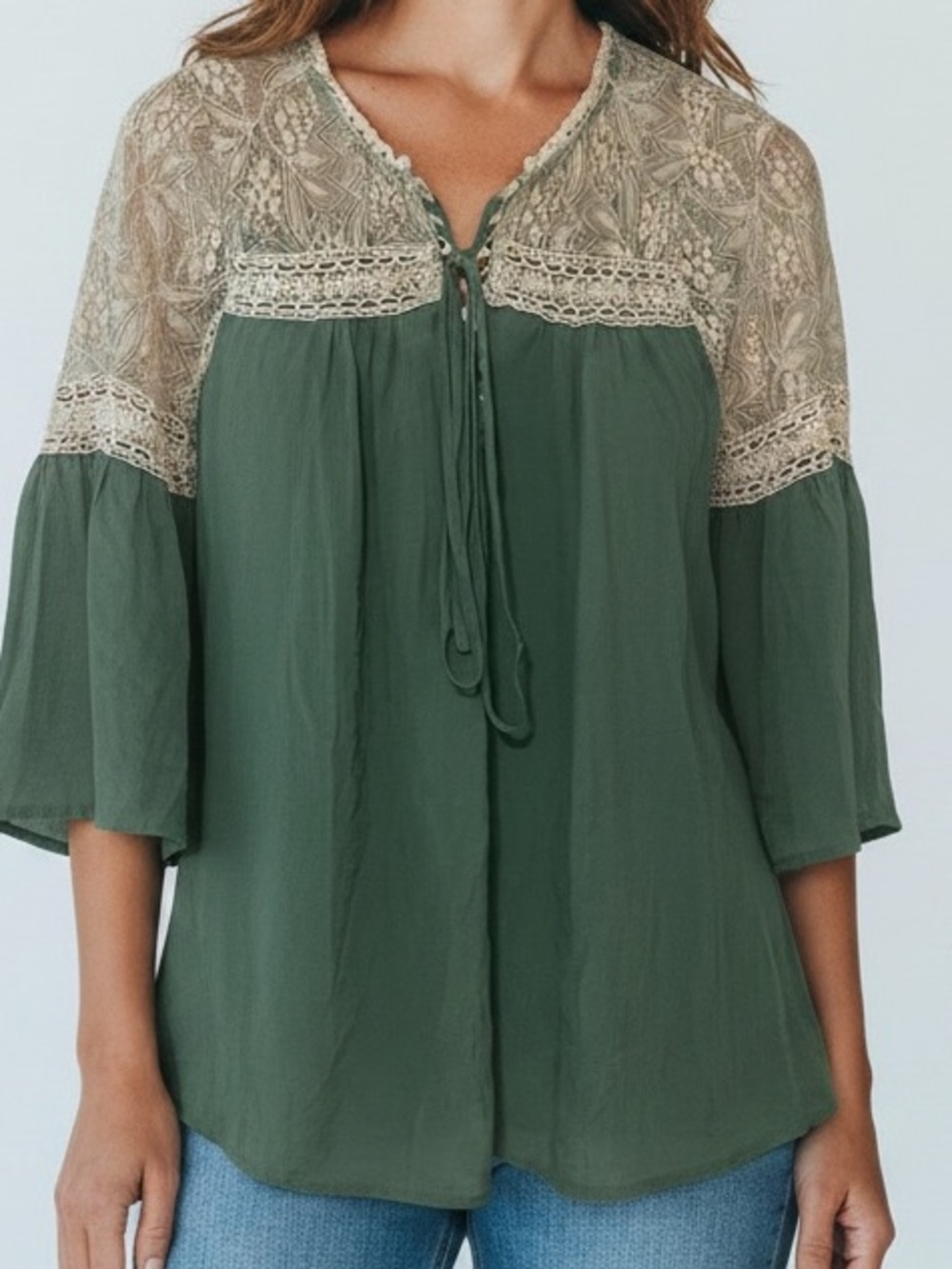 A’reve Small Boho Cottagecore Lace-Up Peasant Blouse in Sage Green
